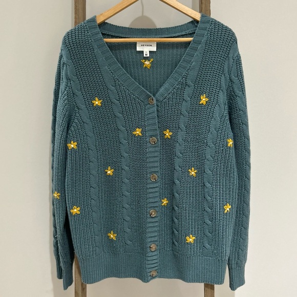 heyson Sweaters - Heyson Teal Cable Knit V Neck Cardigan Sweater Embroidered Yellow Flowers Medium